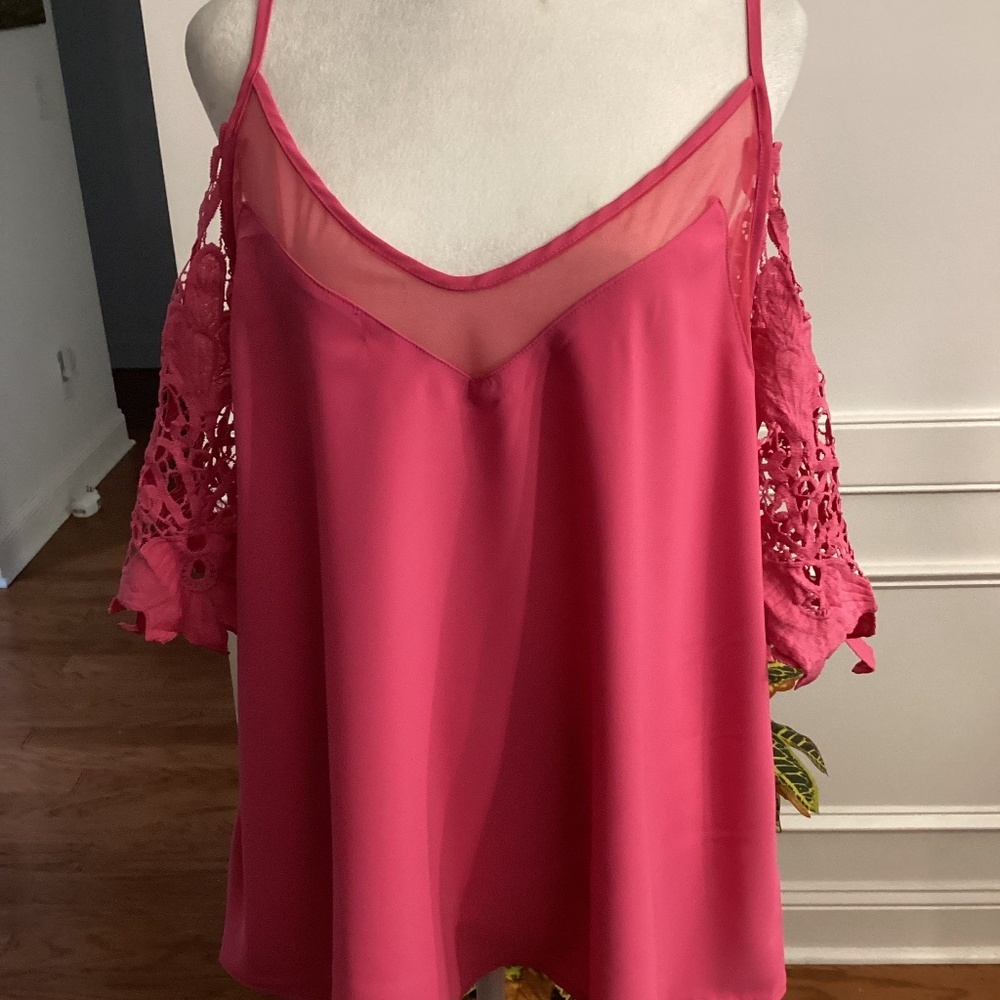 Sexy Lace Cold Shoulder Blouse ( Color: Rose Red) (Size- XL)